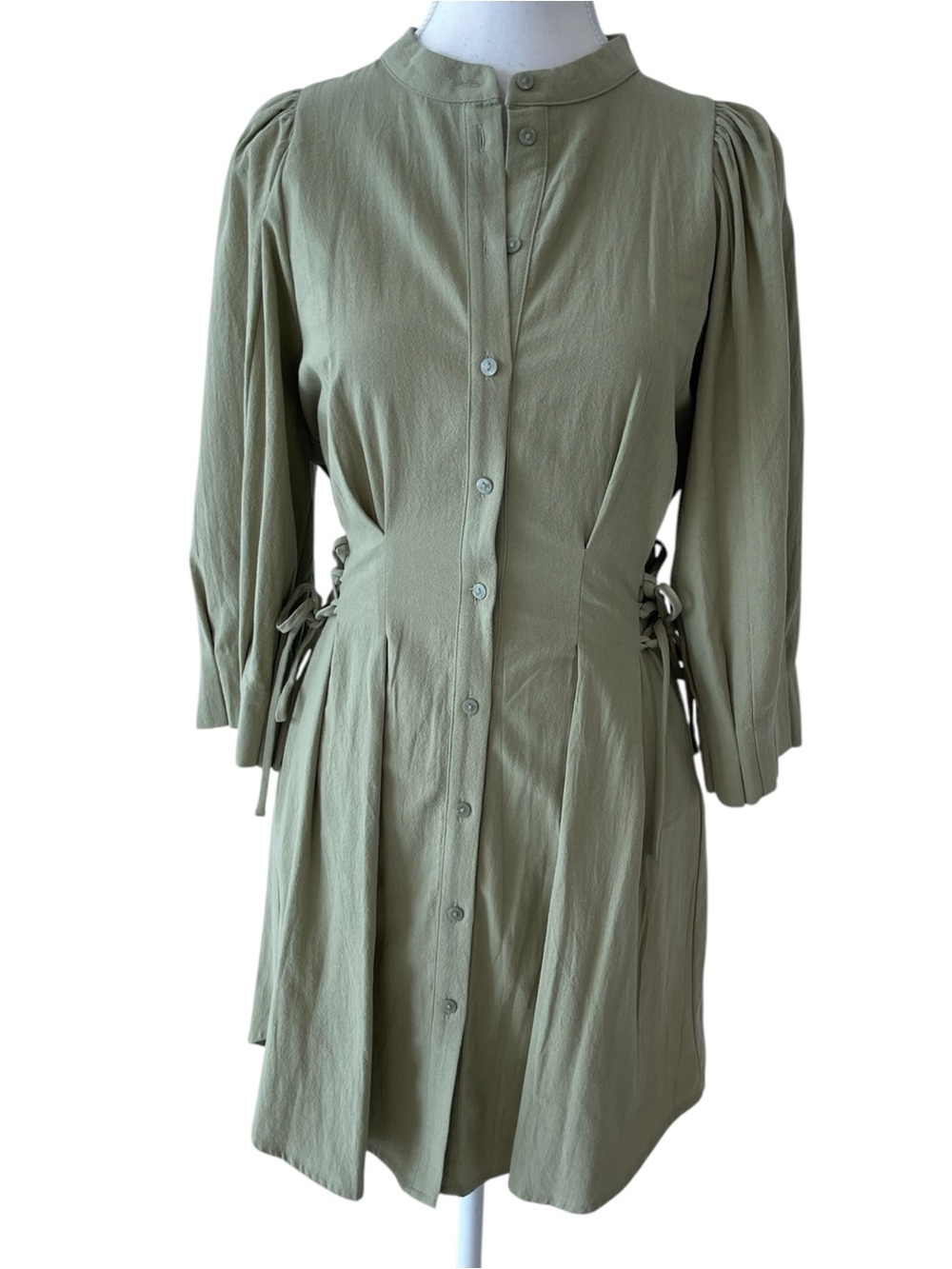 Zara Olive Green Button-Front Mini Dress with Waist Ties Size Small